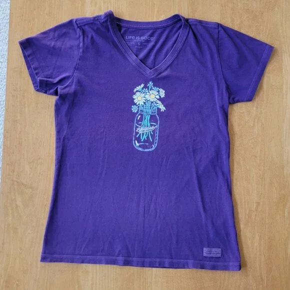 Life Is Good Purple V-Neck Daisies in Mason Jar Short Sleeve Crusher Tee - S - Picture 4 of 8